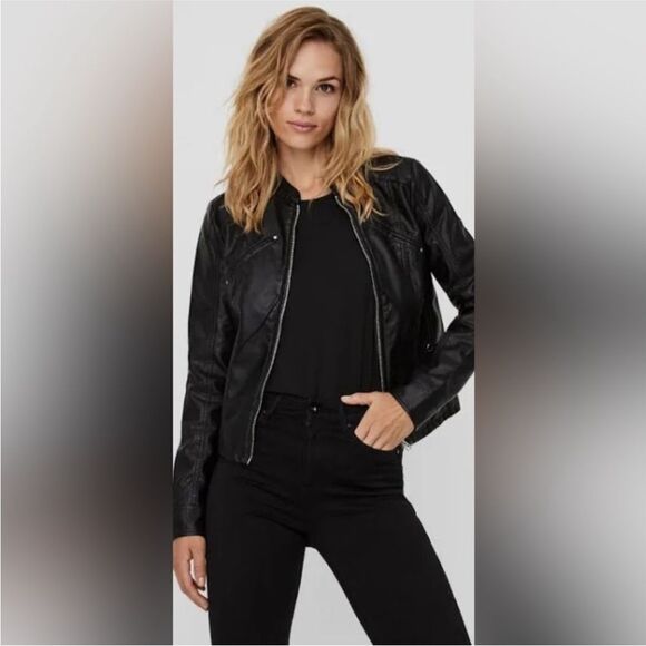Vero Moda Favodona Faux Leather Moto Jacket Full Zip - Picture 1 of 7